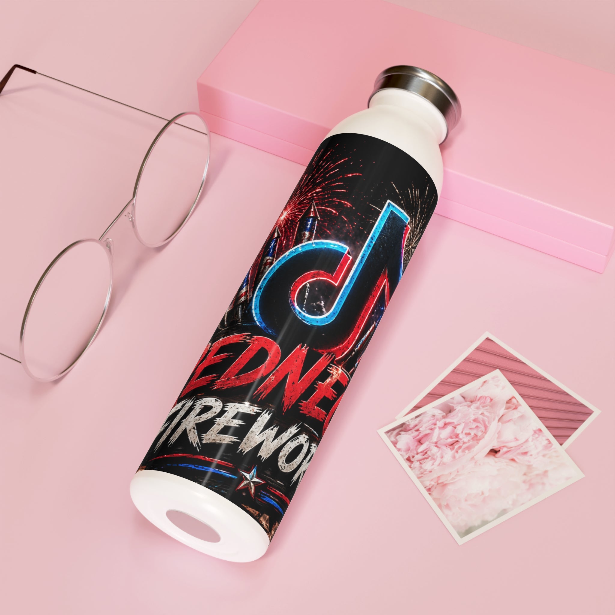 Slim Water Bottle — Red, White & Boom Fireworks Design (Patriotic TikTok-Inspired)