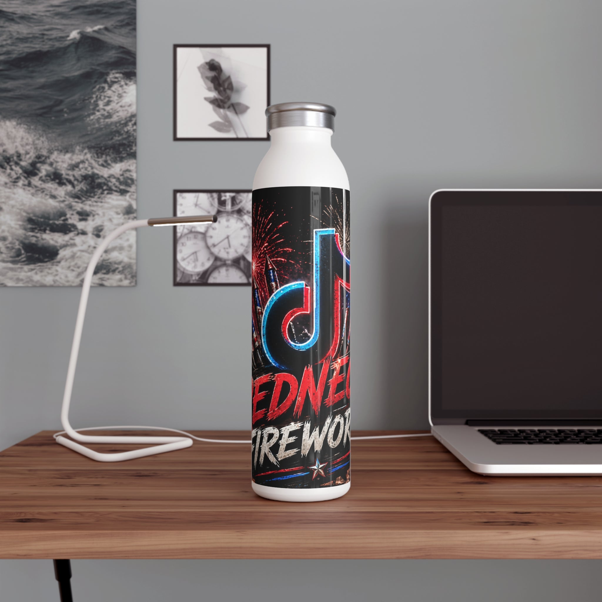 Slim Water Bottle — Red, White & Boom Fireworks Design (Patriotic TikTok-Inspired)