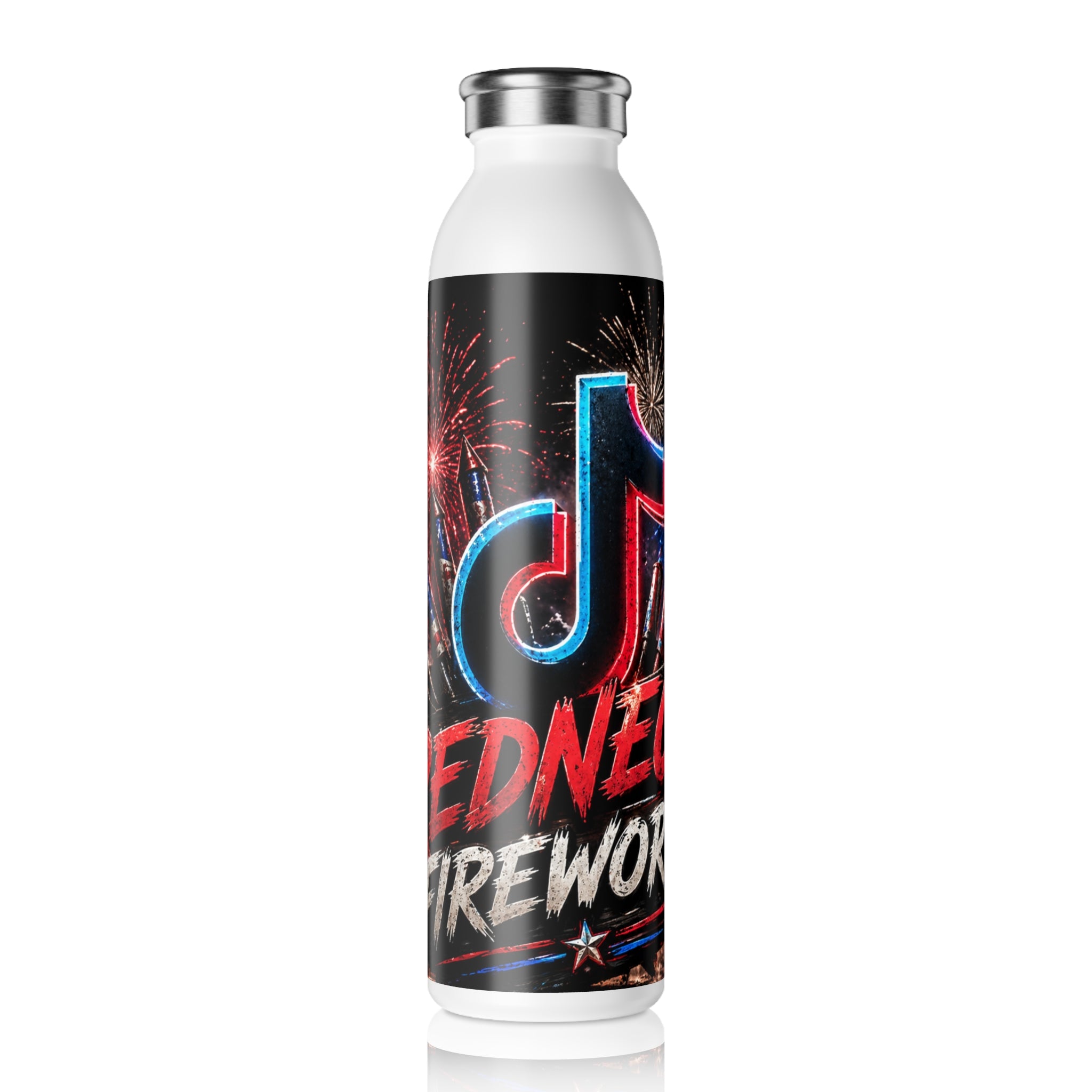 Slim Water Bottle — Red, White & Boom Fireworks Design (Patriotic TikTok-Inspired)